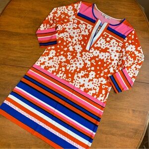 Joy Joy Orange Floral and Multicolor Bright Stripes Popover Jersey Dress, M EUC